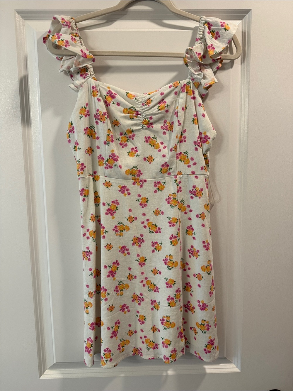 Altar'd State Linen Blend White Floral Ruffle Strap Dress